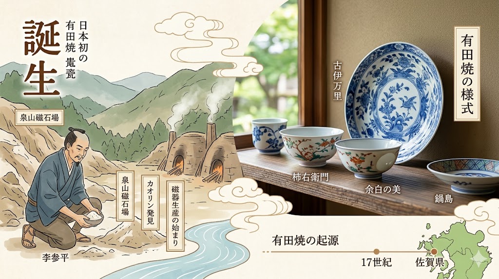 arita-ware-japan-porcelain-origin-history-infographic - 日本文化と伝統の魅力ナビ ― Japanese Heritage Guide Collage about Arita ware origins: a craftsman digging clay beside kilns, with a display of blue-and-white bowls and plates labeled with history.