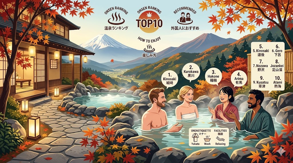 Four adults relaxing in a rocky outdoor onsen with autumn leaves and a Japanese-style inn on the left, mountains in the distance.