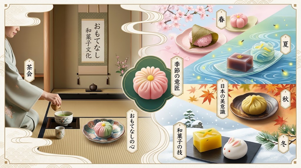 Elegant collage of wagashi, seasonal motifs, and a tea ceremony scene, with spring, summer, autumn, and winter labels in Japanese icons.
