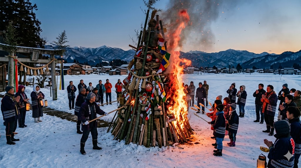 People in traditional clothing gather in a snowy village around a large bonfire adorned with bamboo and flags for a communal ceremony at sunset/evening light, snow-covered ground and mountains in the background.