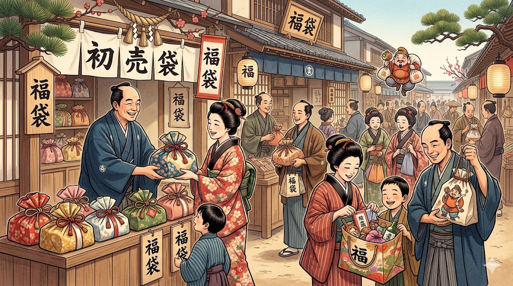 fukubukuro-lucky-bag-origin-japan-merchant-culture - 日本文化と伝統の魅力ナビ ― Japanese Heritage Guide Bustling Japanese New Year market; vendors hand out colorful fukubukuro lucky bags to customers under lanterns.