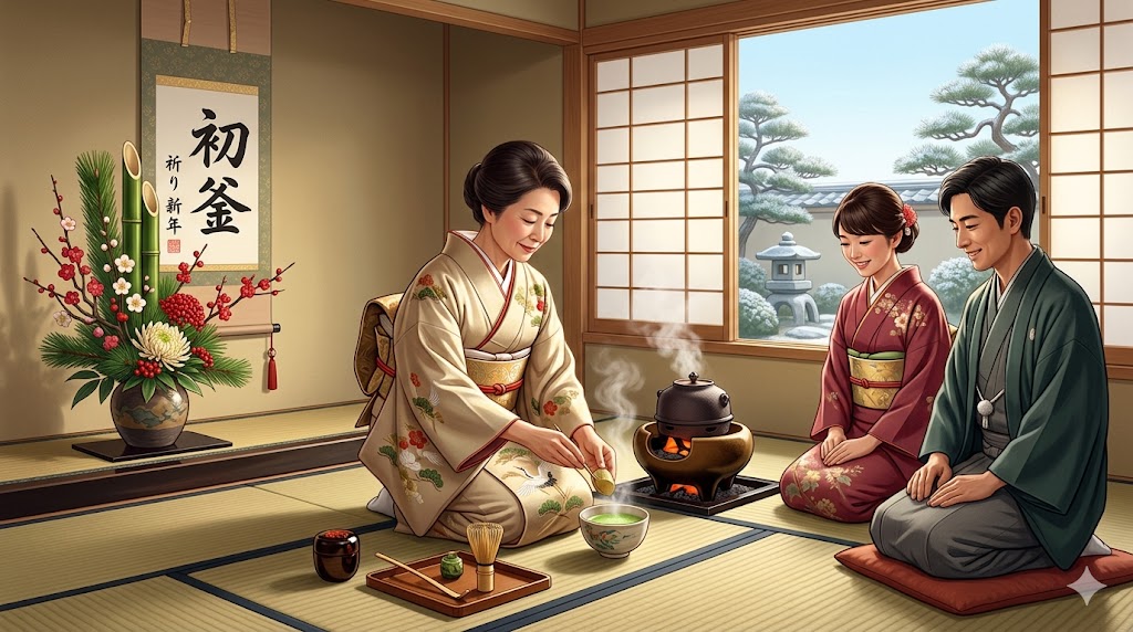 A traditional Japanese tea ceremony scene: a woman in a cream kimono preparing tea for a couple in colorful kimonos inside a tatami room, with a low stove and steam rising from a kettle.