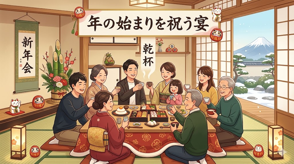 A multigenerational Japanese family shares a New Year feast around a low table in a traditional room, with a snowy garden view outside and festive decorations nearby.