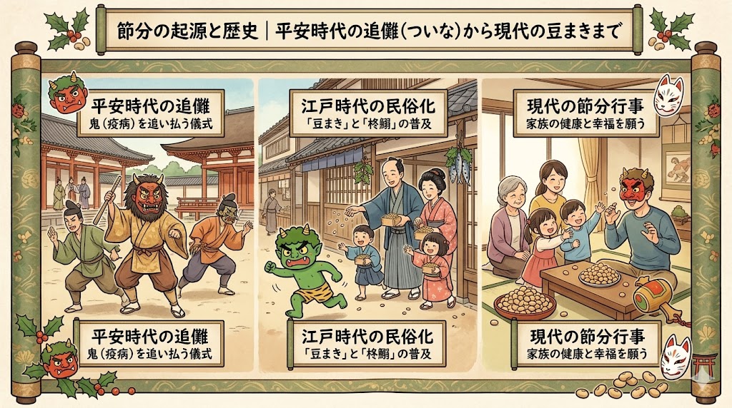 Decorative three-panel infographic on seasonal rituals from Heian exorcism to Edo folk customs to modern family celebrations.