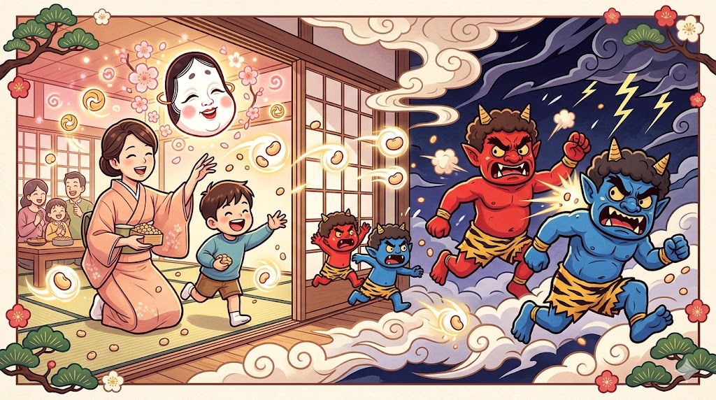 Joyful family in a traditional room as a floating festival mask and glowing orbs drift by; red and blue demons chase through a doorway to a stormy night scene.