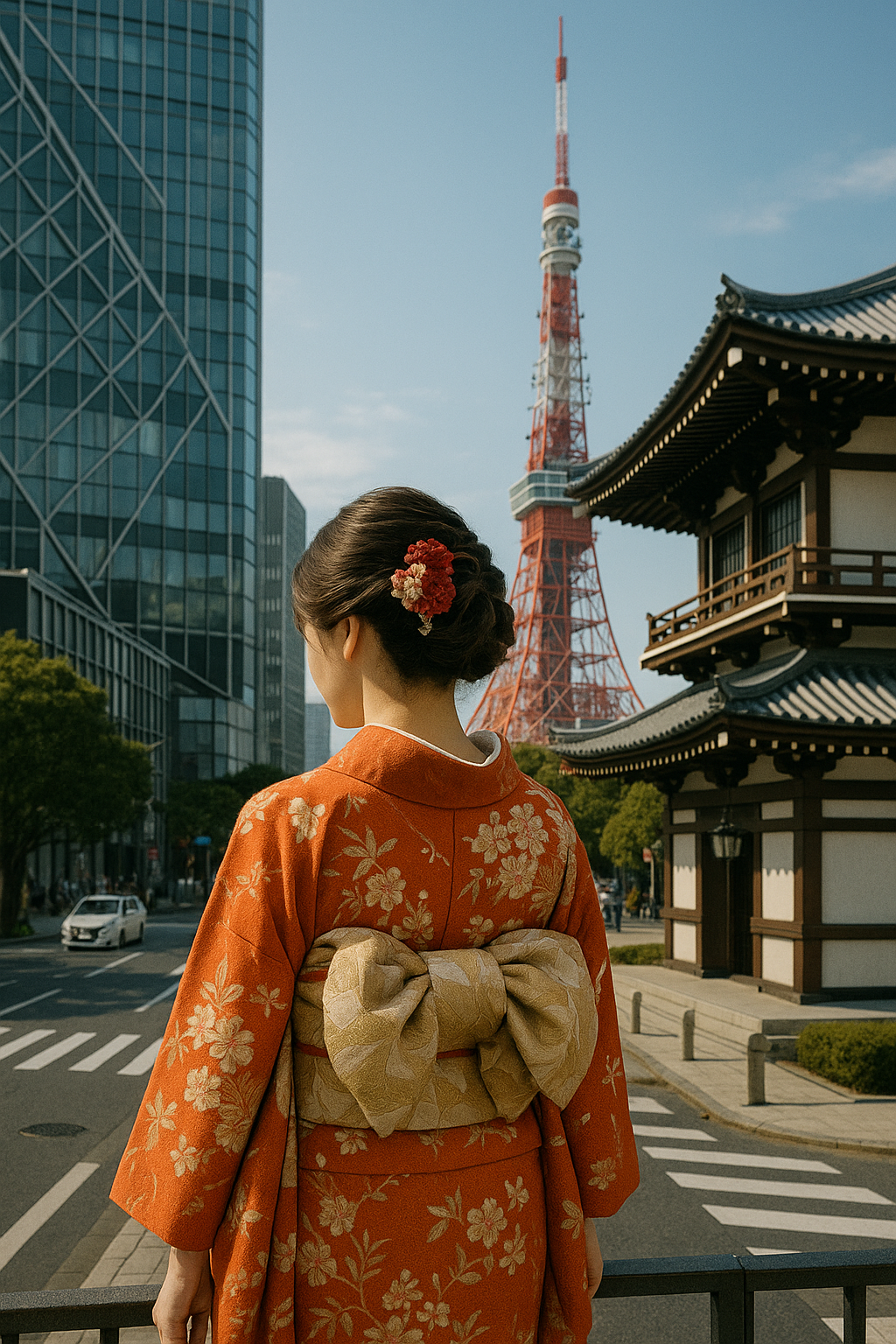 現代に生きる日本文化 ― 伝統とモダンの融合 着物姿の女性と東京の現代的街並みが融合する日本文化の風景