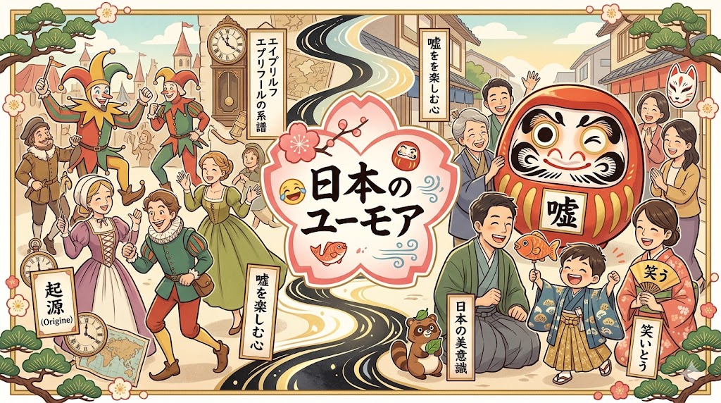 japan-april-fools-day-origin-and-humor-culture - 日本文化と伝統の魅力ナビ ― Japanese Heritage Guide Centered on a pink flower-shaped panel reading '日本のユーモア,' this vibrant collage shows people in traditional and modern Japanese outfits, a large daruma doll, jester figures, a winding river motif, and cheerful crowds.