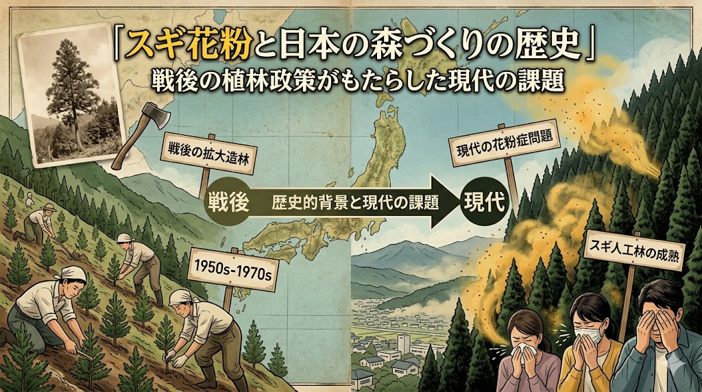 日本の森林づくりの歴史と現代課題を示す図解。戦後の植林と現代の花粉問題を地図と場面で解説する