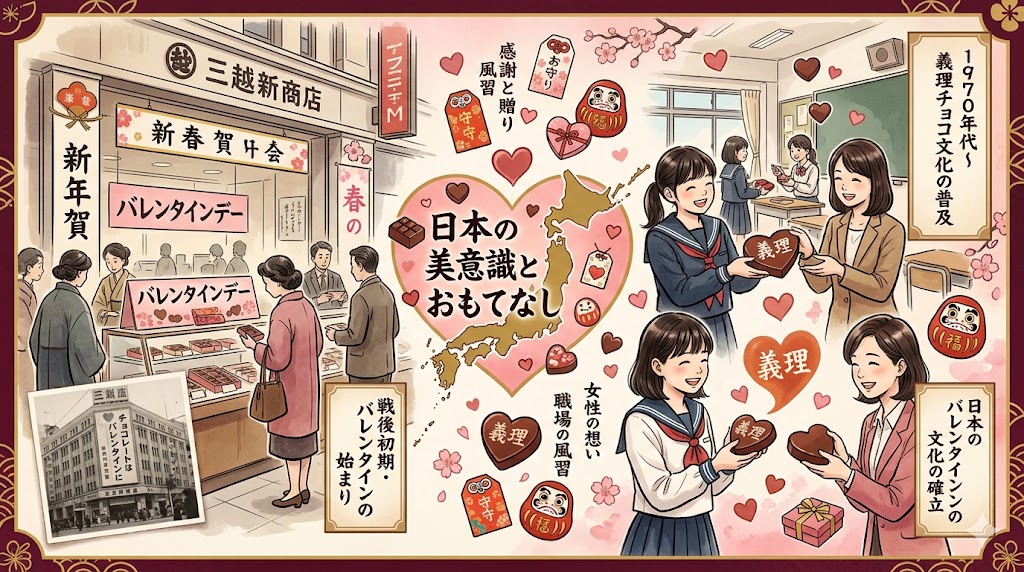 Colorful illustration of Japan's Valentine culture: a shop with chocolate displays, people exchanging gifts, heart motifs, map of Japan surrounded by sakura and text panels, conveying the theme.