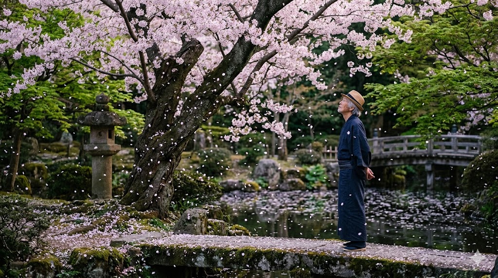 Man in a blue kimono and straw hat stands on a stone path in a Japanese garden, pink cherry blossoms fluttering down around him.
