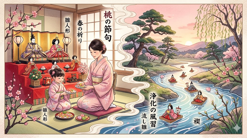 Traditional Hinamatsuri display indoors with a mother and child in pink kimonos arranging hina dolls and offerings on a tiered altar, cherry blossoms nearby.