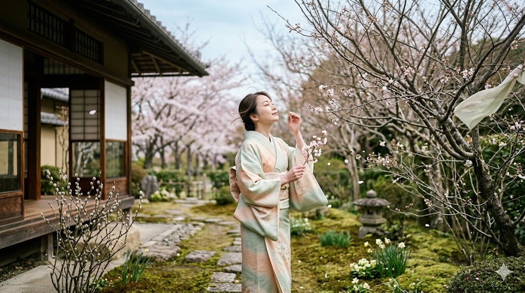 Woman in a pastel kimono standing in a Japanese garden, admiring blooming blossoms beside a traditional wooden house.