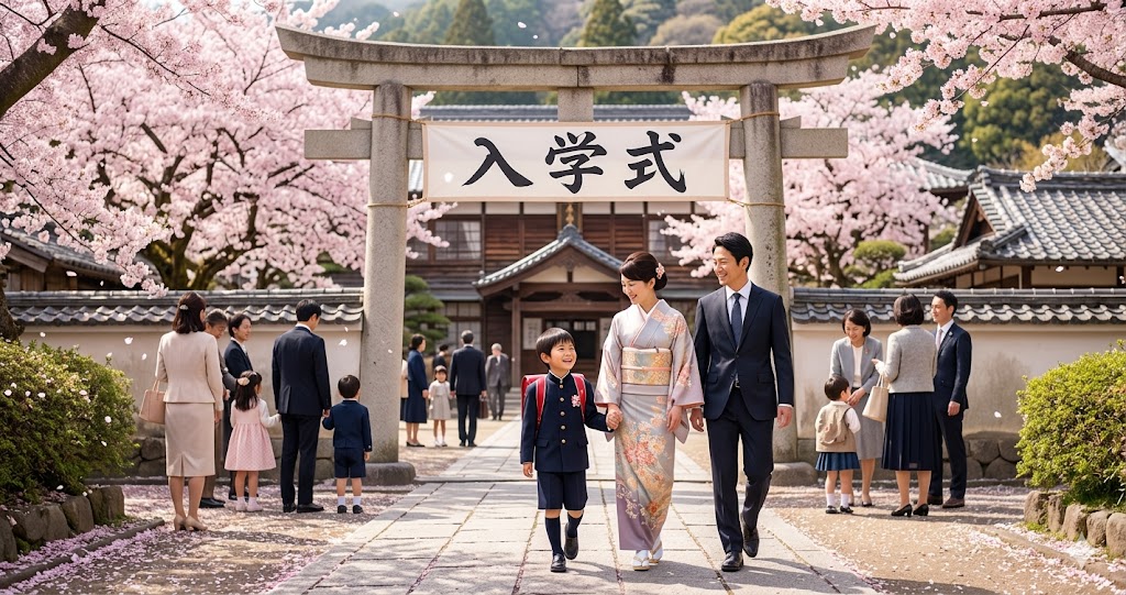 Family walks through a stone torii gate under cherry blossoms at a school entrance ceremony in Japan.
