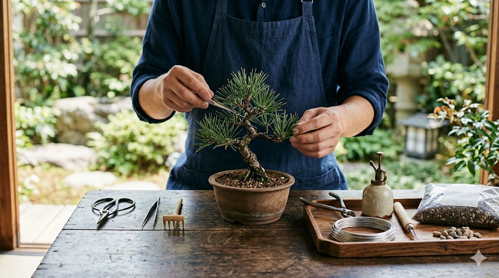 Person in a dark blue apron prunes a small pine bonsai in a pot, with scissors and tweezers on a rustic wooden table.