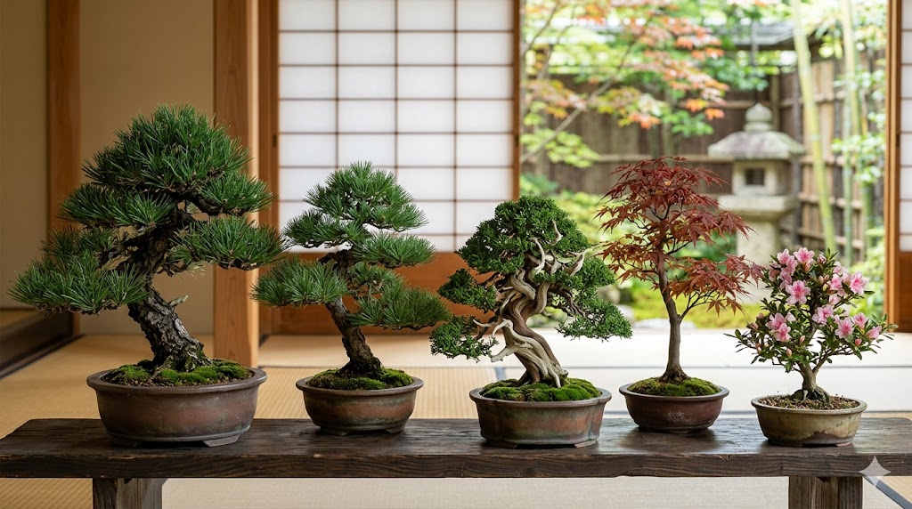 Five bonsai trees in ceramic pots sit on a wooden bench inside a Japanese-style room with shoji screens in the background.
