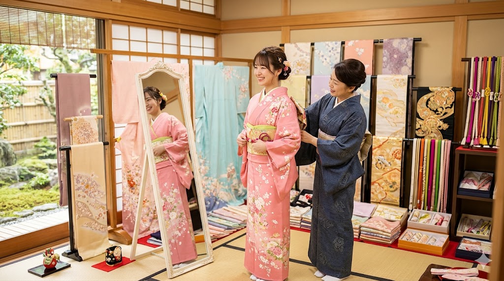 A woman in a pink floral kimono is helped by another woman in a blue kimono, adjusting her obi in a traditional kimono shop.