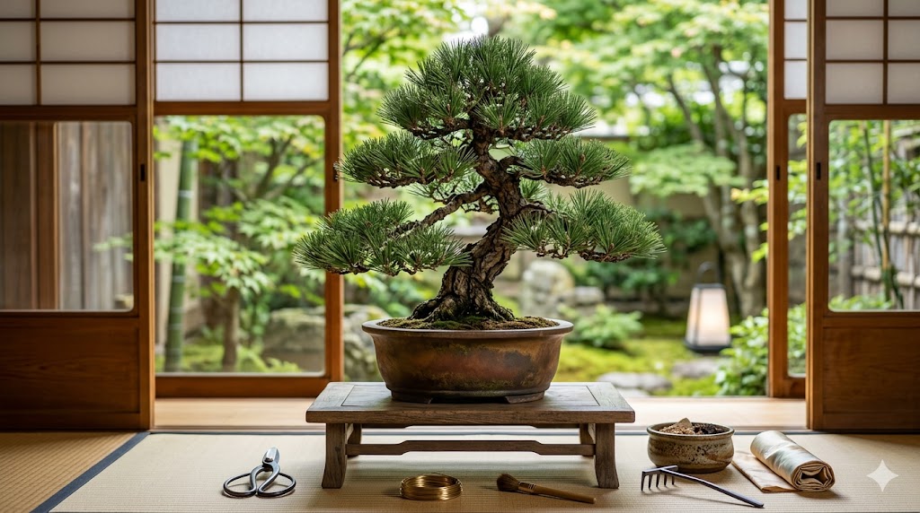 Bonsai tree in a ceramic pot on a low wooden stand inside a Japanese-style room, with pruning tools and a rolled mat nearby.