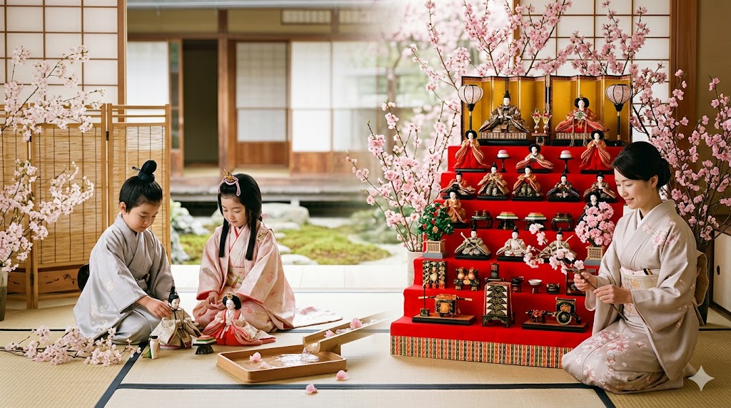 A family in kimono arranging hina dolls on a red multi-tiered display for Hinamatsuri in a traditional Japanese room with cherry blossoms nearby.