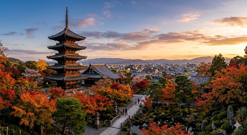 Five-story pagoda and temple in a Japanese autumn garden with colorful maple trees at sunset sunlit sky, city beyond behind trees (informative, concise)
