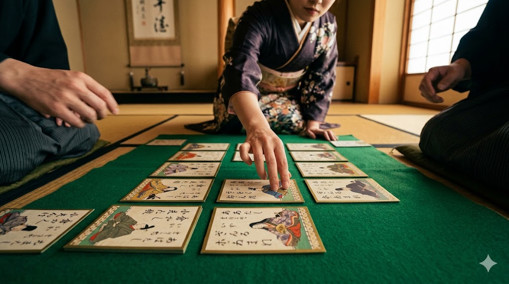 People in kimono kneel on a tatami mat, arranging colorful Japanese playing cards on a green felt board.