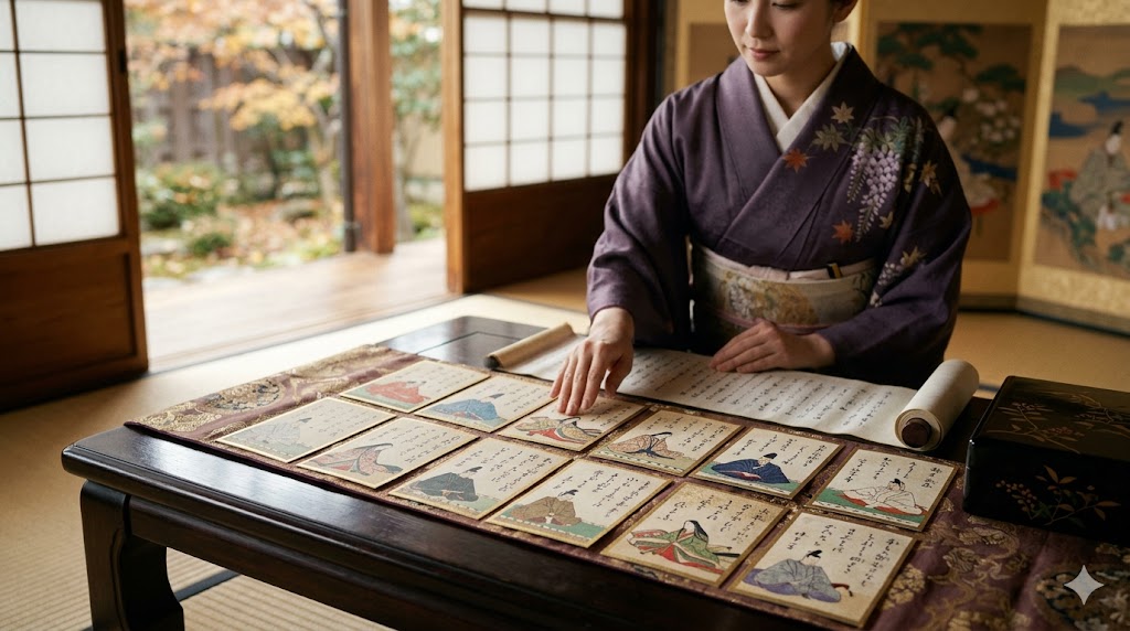 Woman in a purple kimono lays out illustrated cards with calligraphy on a low table in a traditional Japanese room.