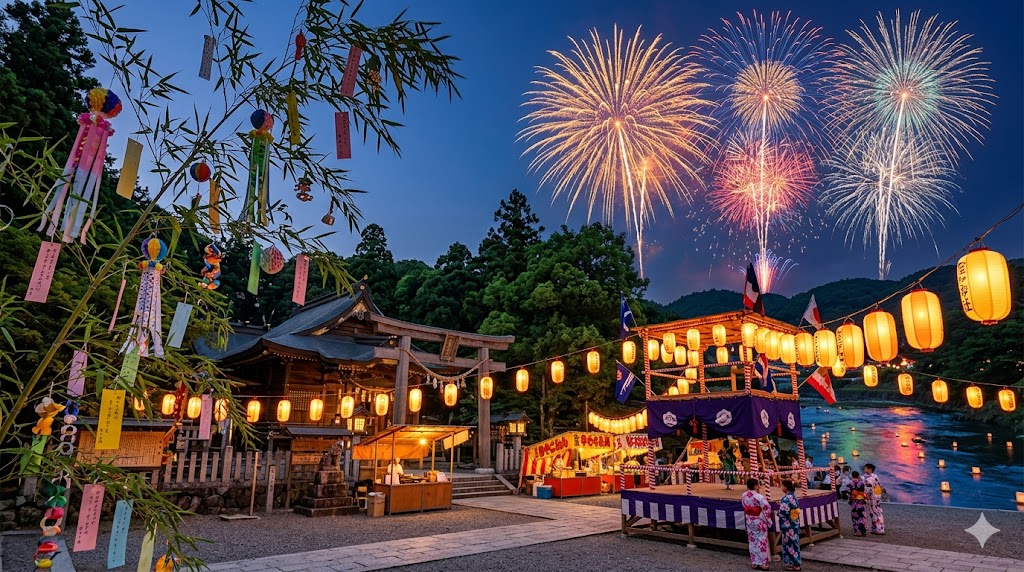 Festival scene at dusk with fireworks above a shrine, paper lanterns lining the path, stalls, and people in yukata by a riverside festival.