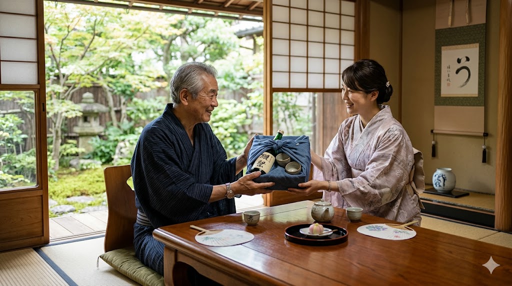 An elderly man and a young woman in kimono share a smile while exchanging a wrapped gift in a traditional Japanese room.