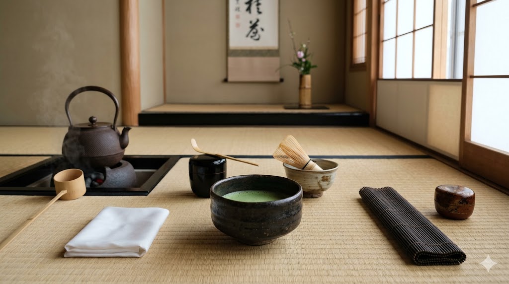 Traditional Japanese tea ceremony setup on tatami with a kettle over a sunken hearth, tea bowl, bamboo whisk, and utensils laid out. Soothing Japanese room setting with scroll and flowers in the background.