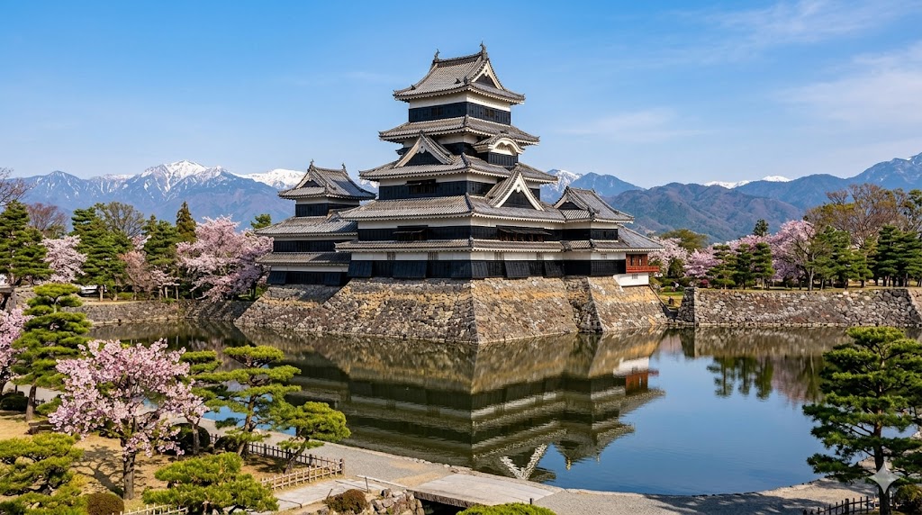 Matsumoto Castle with pink cherry blossoms around a reflective moat and distant mountains behind it, blue sky overhead.