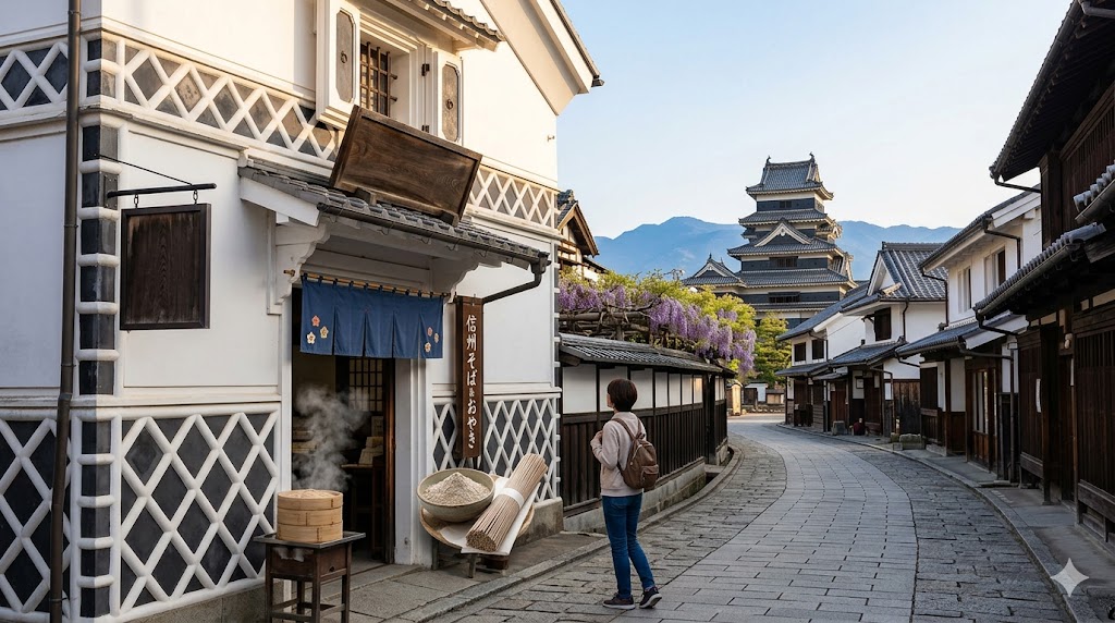 Woman with backpack stands on a historic Japanese street, steam rises from a shop doorway with a castle in the distance.