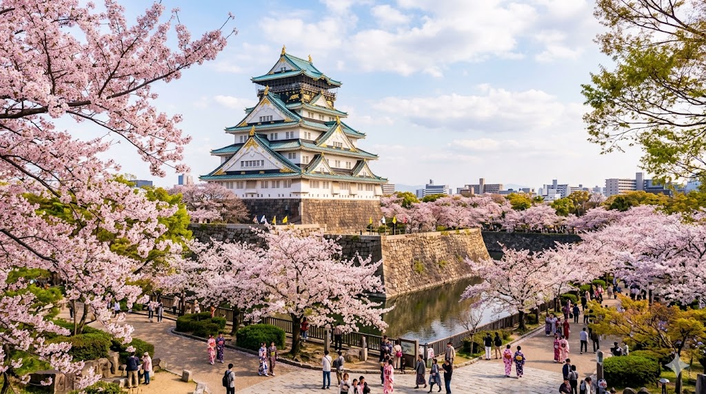 Osaka Castle framed by blooming cherry blossoms with visitors strolling along the moat path.