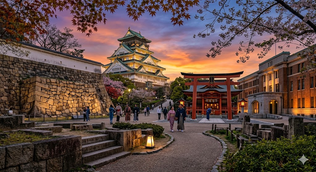 Sunset scene at a Japanese castle complex: stone walls, a multi-tiered keep, and a red torii gate with visitors walking along a curved path.