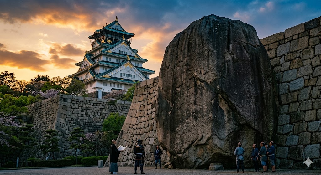 Sunset-lit Japanese castle beside a huge rock and stone walls, with visitors gathered nearby.