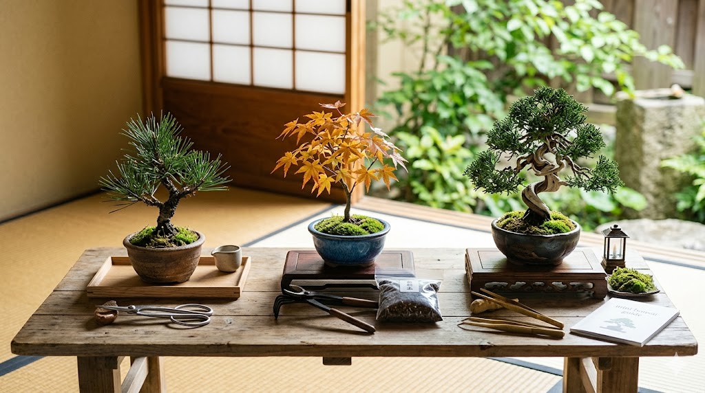 Three bonsai trees in ceramic pots sit on a rustic wooden table, surrounded by pruning tools, moss, and a notebook in a bright Japanese-style room.