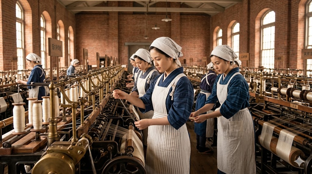 Women workers in blue uniforms and white aprons operate weaving looms in a brick factory interior.
