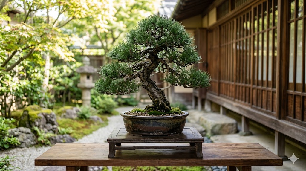 Bonsai tree in a ceramic pot on a wooden bench-style stand in a traditional Japanese garden.