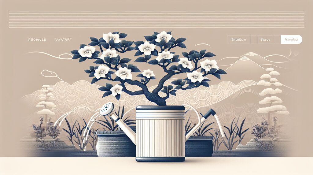 Decorative illustration of a watering can beneath a blooming tree with stylized hills and clouds in muted beige tones.