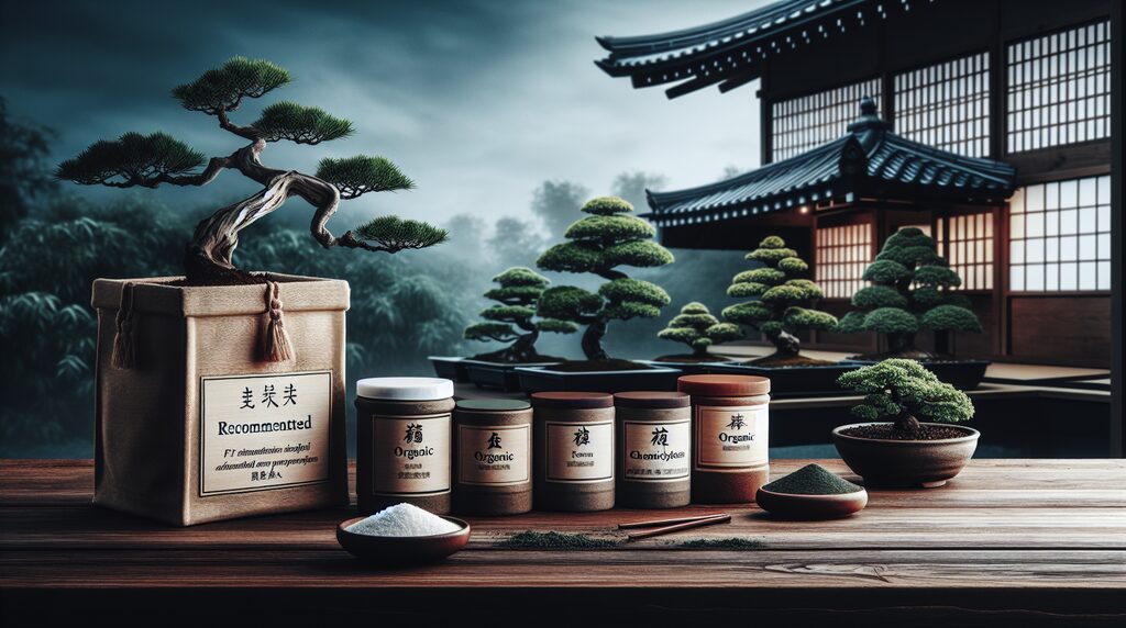 bonsai-fertilizer-recommended - 日本文化と伝統の魅力ナビ ― Japanese Heritage Guide Row of labeled spice jars and bowls on a wooden table, with bonsai trees and a traditional Asian building in the background.