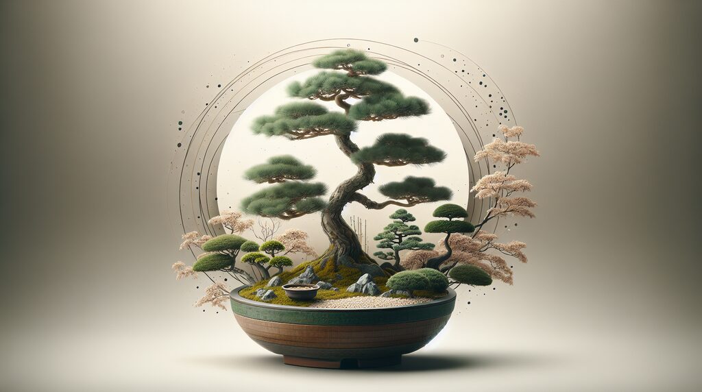 Bonsai display in a round pot with a twisted trunk and trimmed green foliage, set against an artistic circular backdrop.