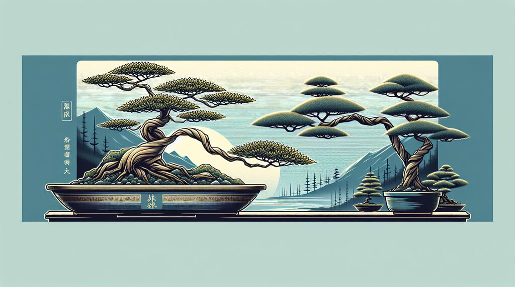 Decorative landscape art with two stylized bonsai trees in pots, mountains and a setting sun in the background.