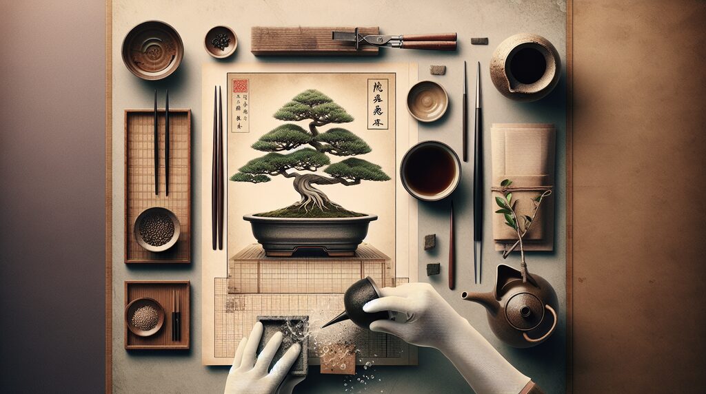 Bonsai artist's workstation with a potted bonsai tree and traditional tools arranged around a crafting mat.