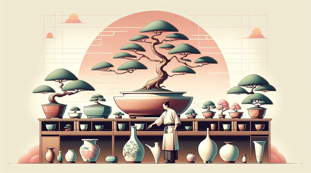 Bonsai display on a wooden shelf with a large central tree and many pots; a person in traditional attire tends the display.