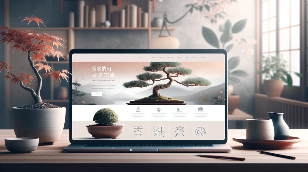 Laptop on a wooden desk showing a bonsai-themed website, with potted plants and natural light in the background
