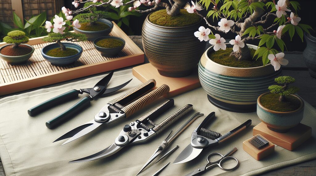 bonsai-pruning-scissors-recommended - 日本文化と伝統の魅力ナビ ― Japanese Heritage Guide Assorted bonsai pruning tools (pruners, scissors, shears) laid out on a table beside potted bonsai plants and small moss scenes.