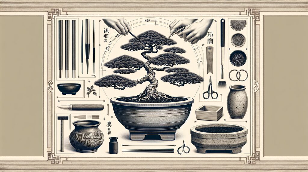 Bonsai workshop illustration with a central bonsai tree in a pot, surrounded by tools and containers for shaping it.