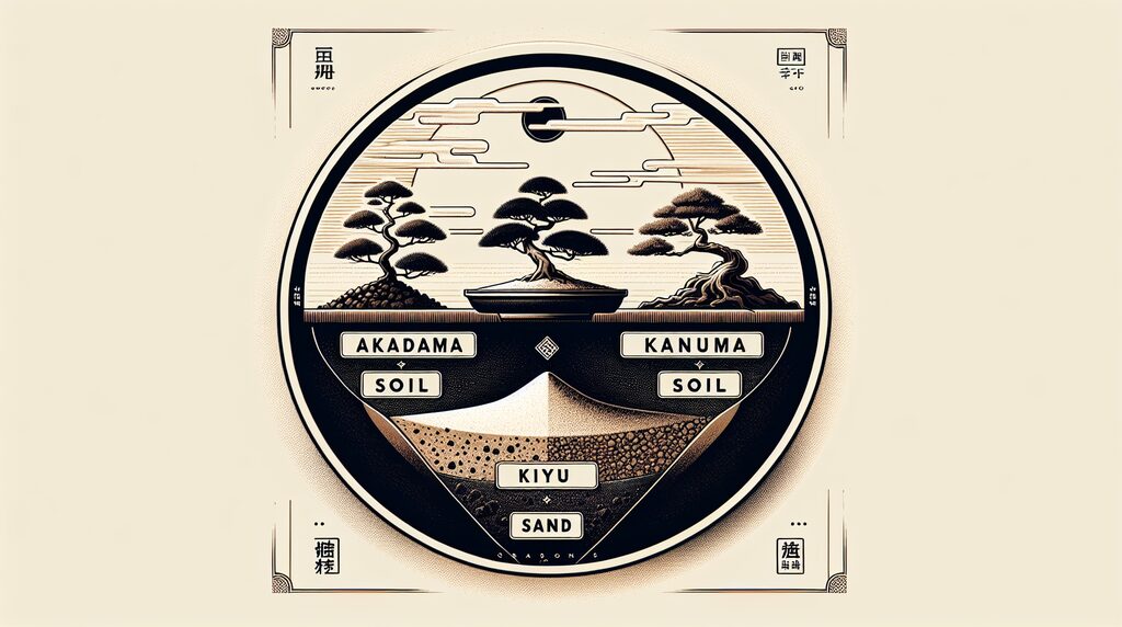 Circular cross-section diagram with two bonsai trees, showing soil layers labeled Akadama soil, Kanuma soil, and Kiyu sand inside a stylized round frame.