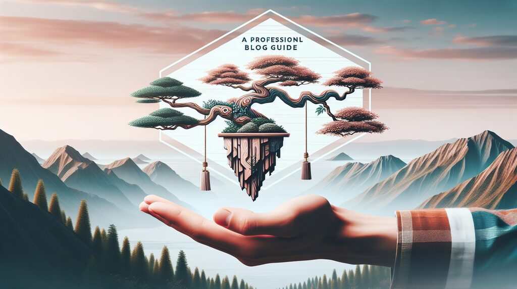 bonsai-tree-forms-guide - 日本文化と伝統の魅力ナビ ― Japanese Heritage Guide Hand extended beneath a floating emblem: a stylized tree on a dangling island with tassels, inside a diamond frame and the text 'A Professional Blog Guide' over a mountain backdrop.