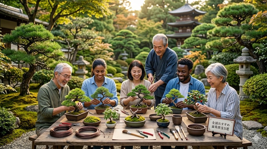 Six people of diverse ages and backgrounds craft and prune bonsai trees at a wooden table in a lush Japanese garden men briefly smiling together.