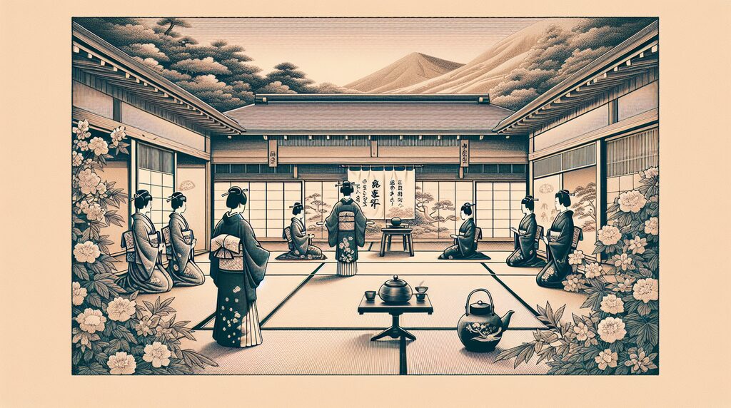 chado-basic-manners-ichigo-ichie - 日本文化と伝統の魅力ナビ ― Japanese Heritage Guide Kimono-clad figures in a traditional Japanese ceremony within a tatami room, tea set on a low table, flowers along the sides, Mount Fuji visible outside.