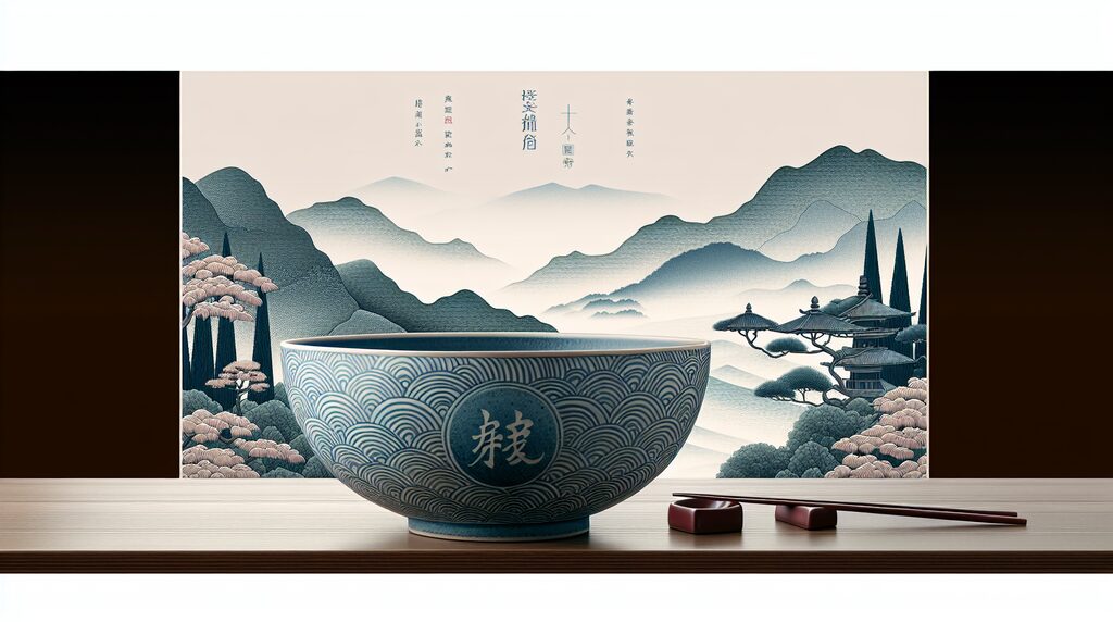 chinese-bonsai-pot-korowatari-kinyuu-guide - 日本文化と伝統の魅力ナビ ― Japanese Heritage Guide Blue ceramic bowl with a wave pattern sits on a wooden surface, framed by a traditional Chinese landscape painting with mountains and pagodas, plus chopsticks and rests nearby.